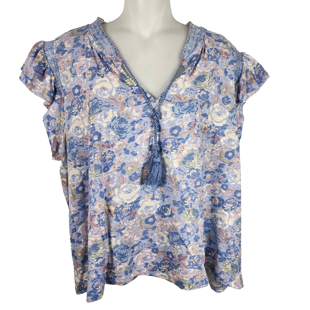 Lucky Brand Top Blue Floral Tassel Tie V Neck Flutter Short Sleeve Smocking XL